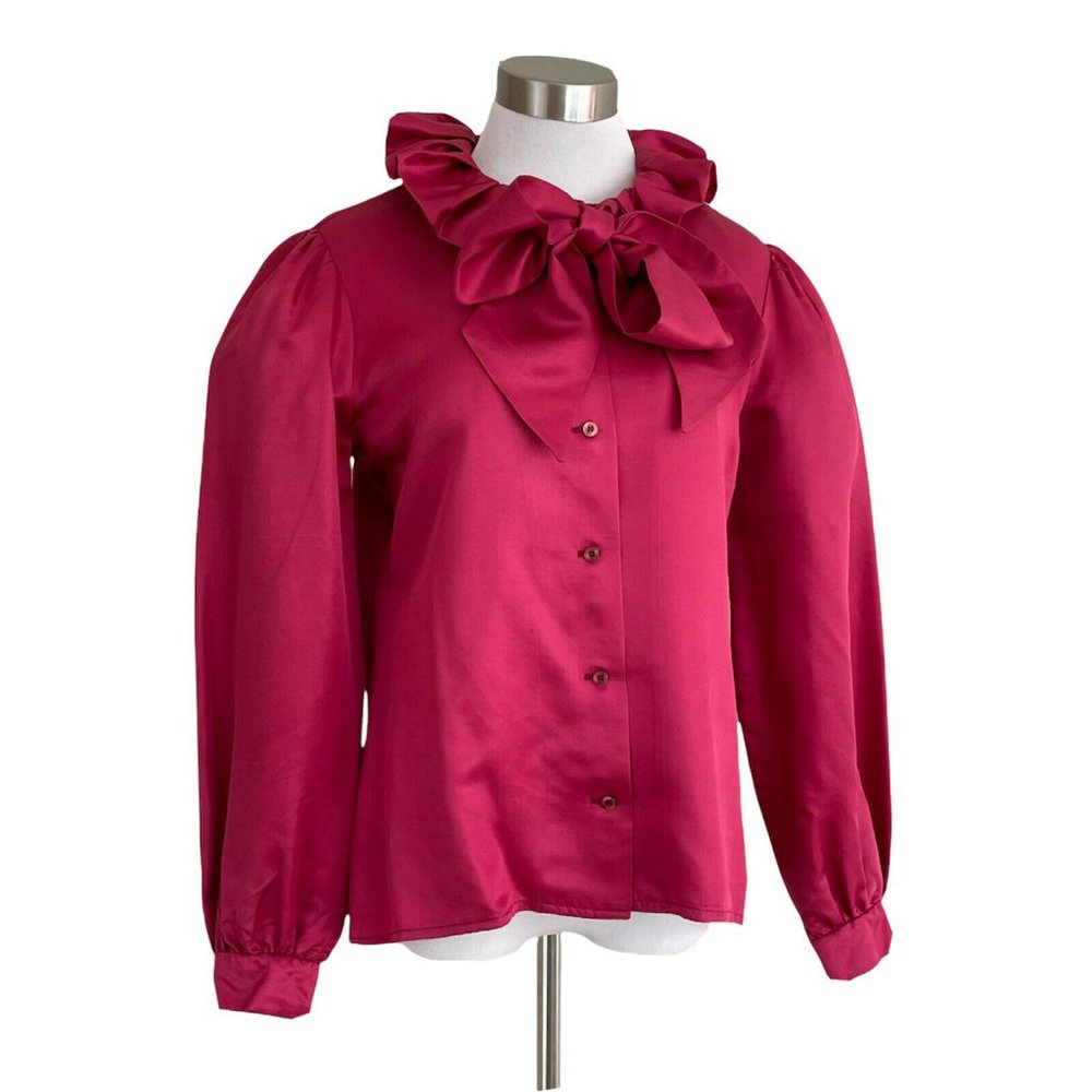 Vintage 1970’s Cranberry Silk Pussy Bow Blouse Samuel Roberts Puff Sleeve Top - Picture 6 of 9